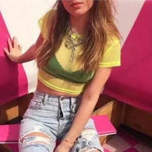 Emma & Sam Neon Yellow Short Sleeve Sheer Mesh Crop Top Women's Small MSRP $88